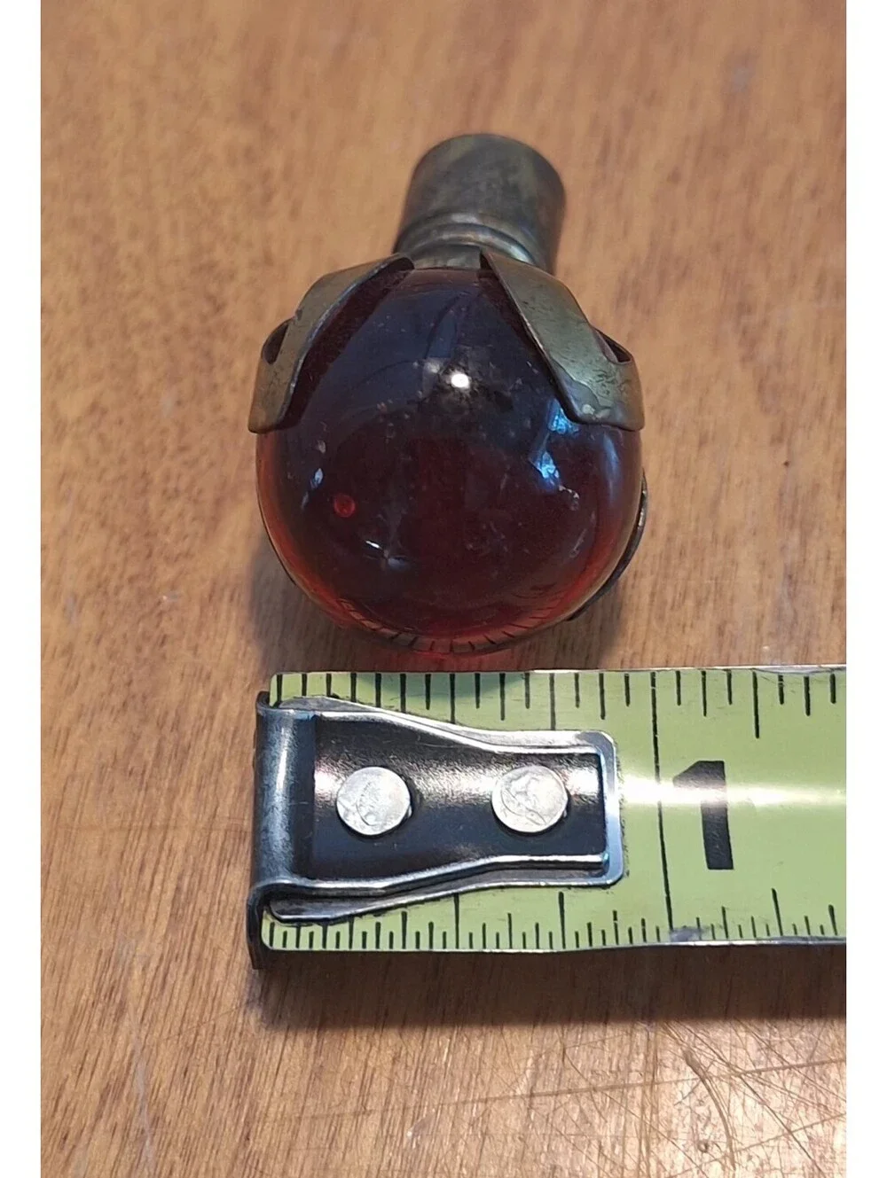 Vintage Art Deco Ruby Red Glass Marble Lamp Finial Wrapped In Brass 1.5